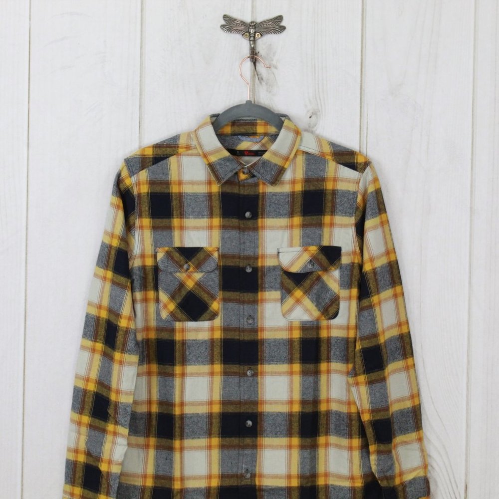 NWT Stoic Flannel Plaid Shirt Small Navy and Gold Heavyweight Outdoor Button Up - Picture 2 of 10